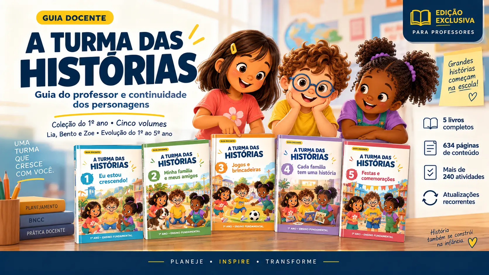 Guia docente A Turma das Histórias com os personagens e materiais