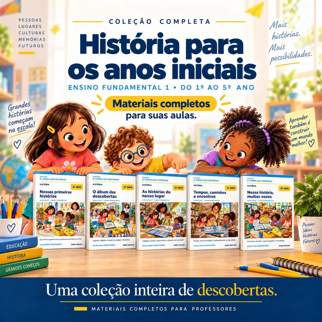 Lia, Bento e Zoe, personagens da coleção A Turma das Histórias